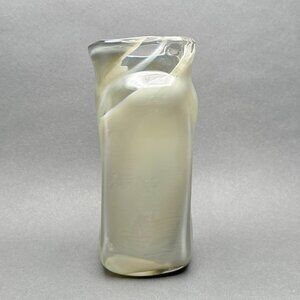 Vintage Signed Hand Blown Studio Art Glass Freeform Creamy Gray Pillar Vase